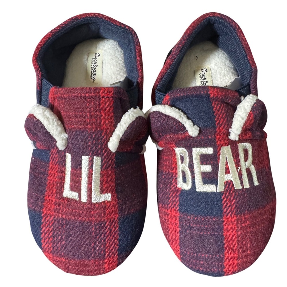 Dearfoams Kids LIL BEAR Plaid‎ Flannel Cozy Slippers Size 11-12 US
